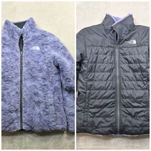 The North Face Girls Reversible Puffer Jacket Large 14 16 Gray Purple Fleece